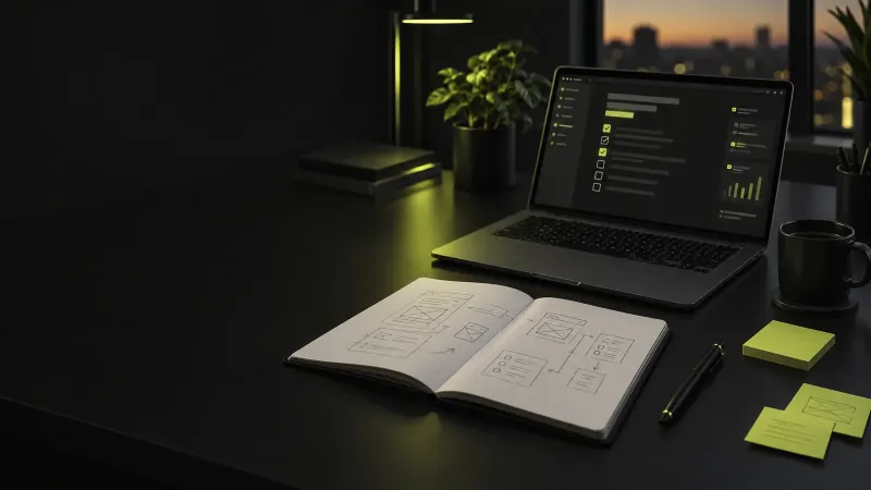 Software project brief template: notebook sketches and a brief draft on a laptop