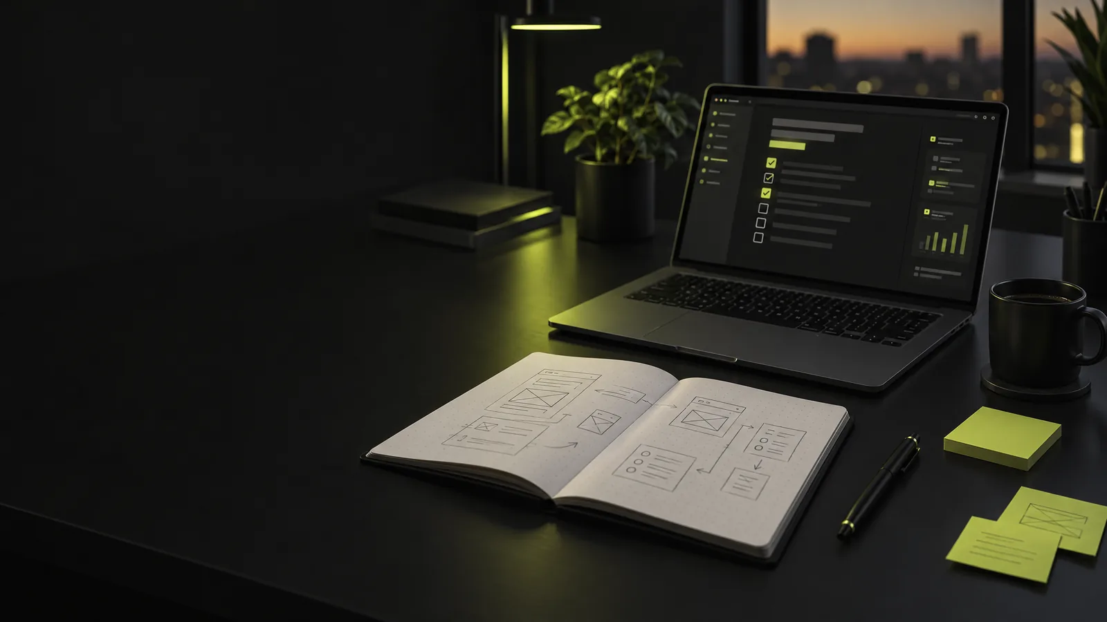 Software project brief template: notebook sketches and a brief draft on a laptop