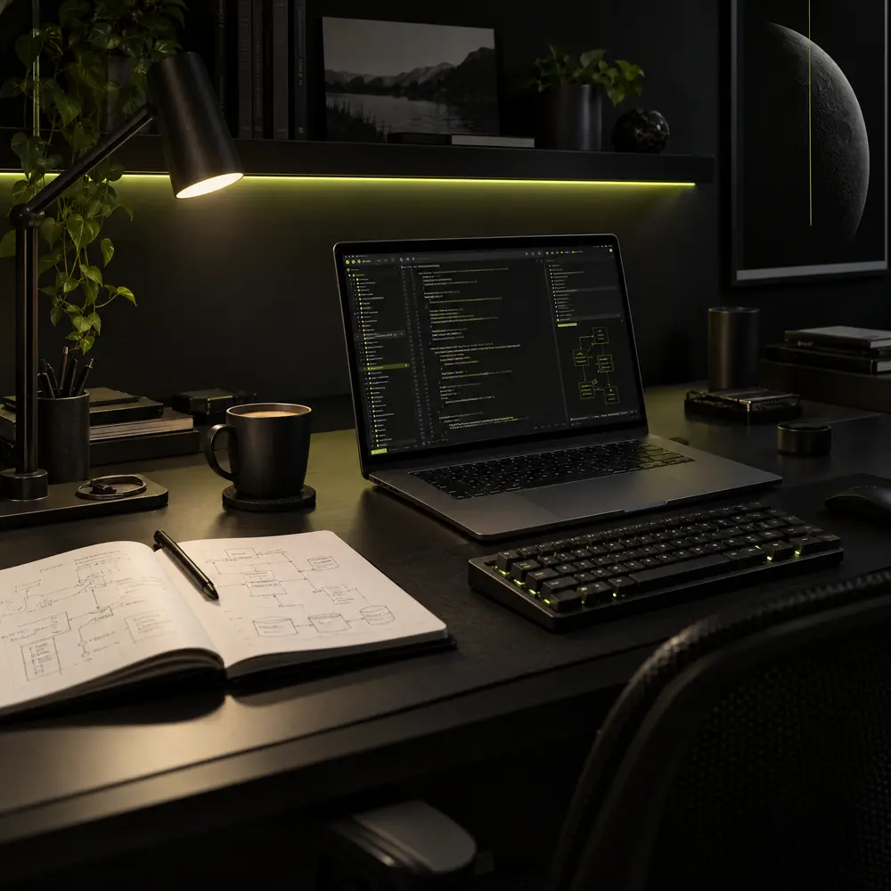 Dizüstü bilgisayar, not defteri ve mimari çizimlerle TechBlend Studio çalışma alanı