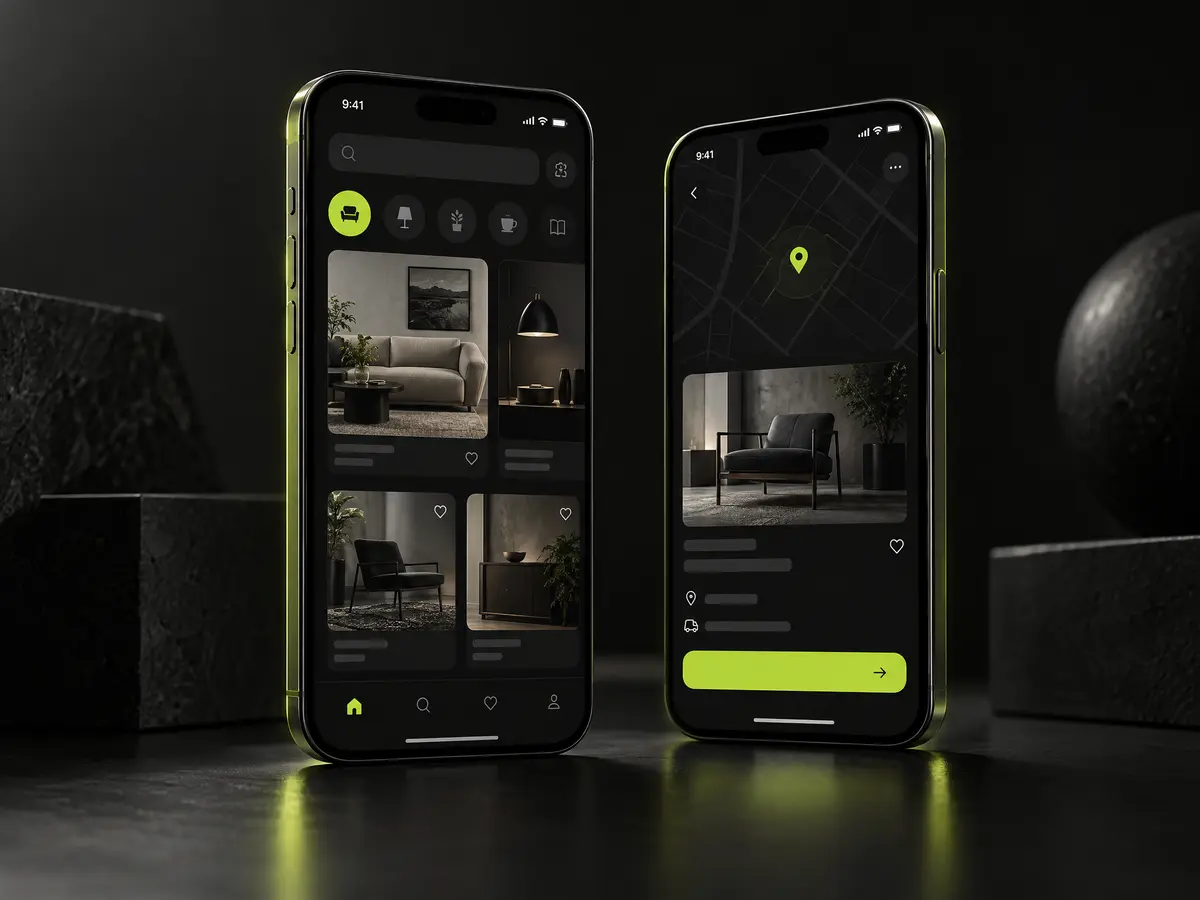 Two smartphones showing a dark-mode app