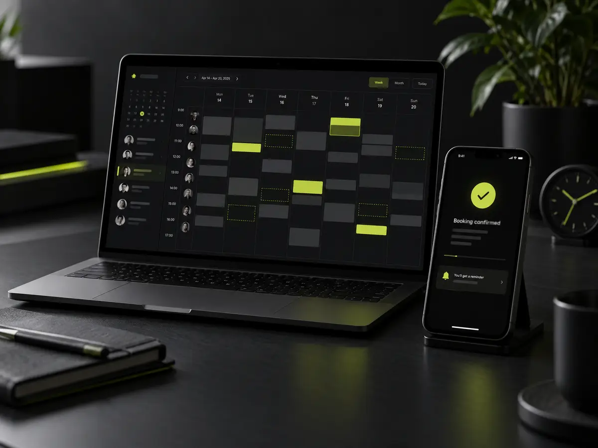Booking calendar with time slots on a laptop and a confirmation on a phone