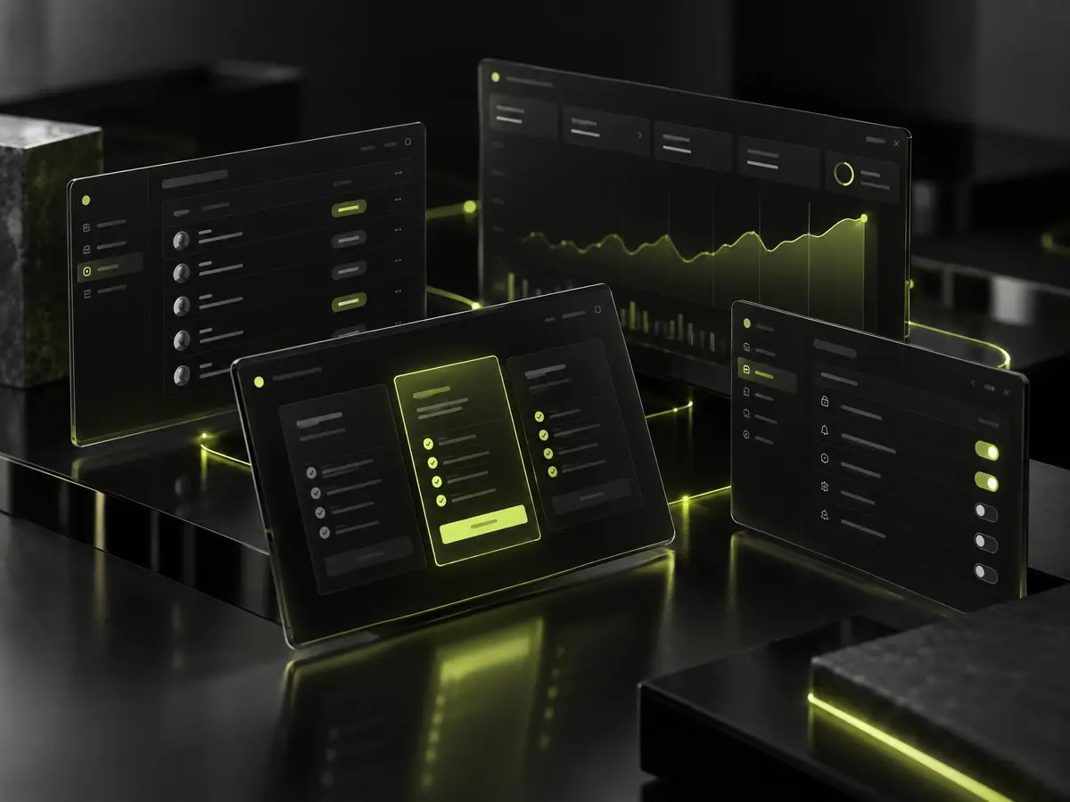 Floating SaaS product panels for billing, users and metrics